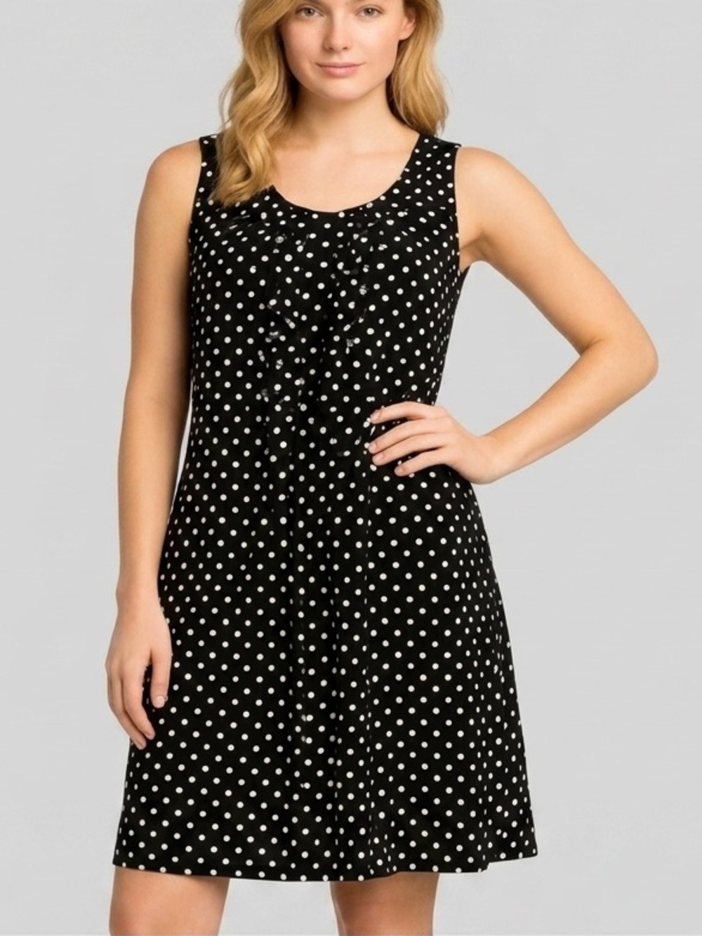 CLEO Black and White Polka Dot Sleeveless Dress with Front Flouncy Strips Sz16